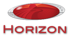Horizon Trike and Marine Center. Oval red logo with stylized arching horizon