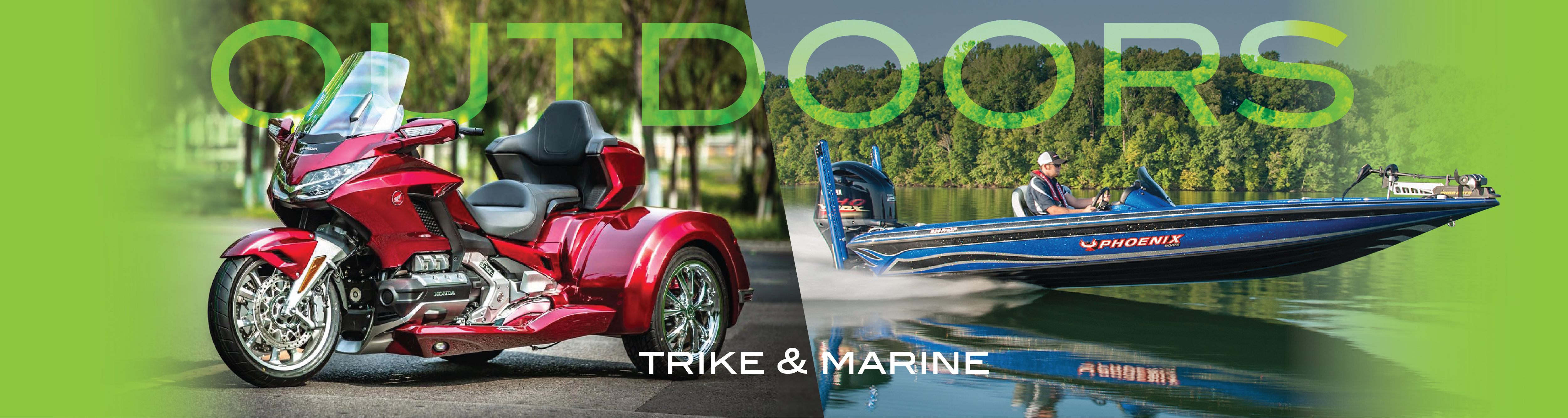 Outdoors. Trike & Marine. Split image featuring both a Honda Goldwing Trike with California Side Car Trike Kit and a Phoenix Bass Boat.